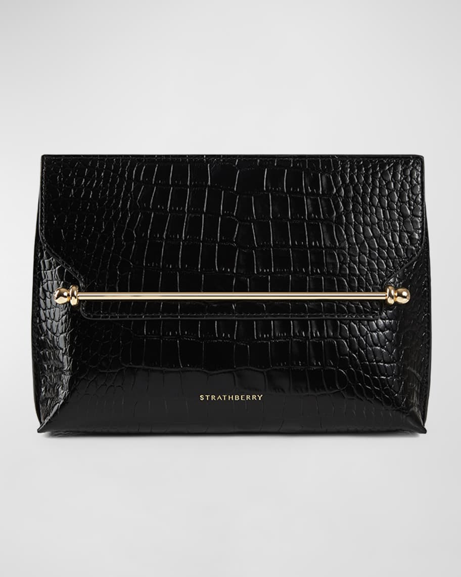 Stylist Metal Bar Croc-Embossed Leather Clutch Bag | Neiman Marcus