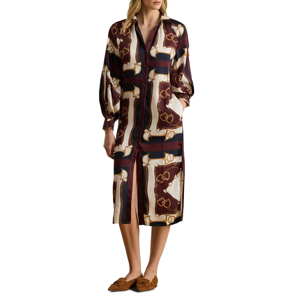 Lauren Ralph Lauren Equestrian Print Long Sleeve Twill Midi Shirtdress in Brown/Navy/Cream Multi at Nordstrom, Size 2P | Nordstrom
