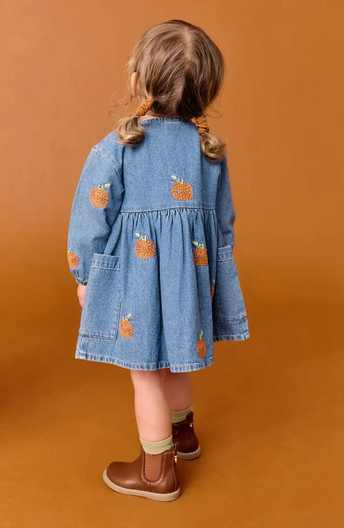 Kids' Pumpkin Embroidered Long Sleeve Denim Dress | Nordstrom