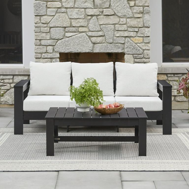 Better Homes & Gardens Ezra Outdoor HDPE Sofa, Black with Cream Boucle Cushions | Walmart (US)
