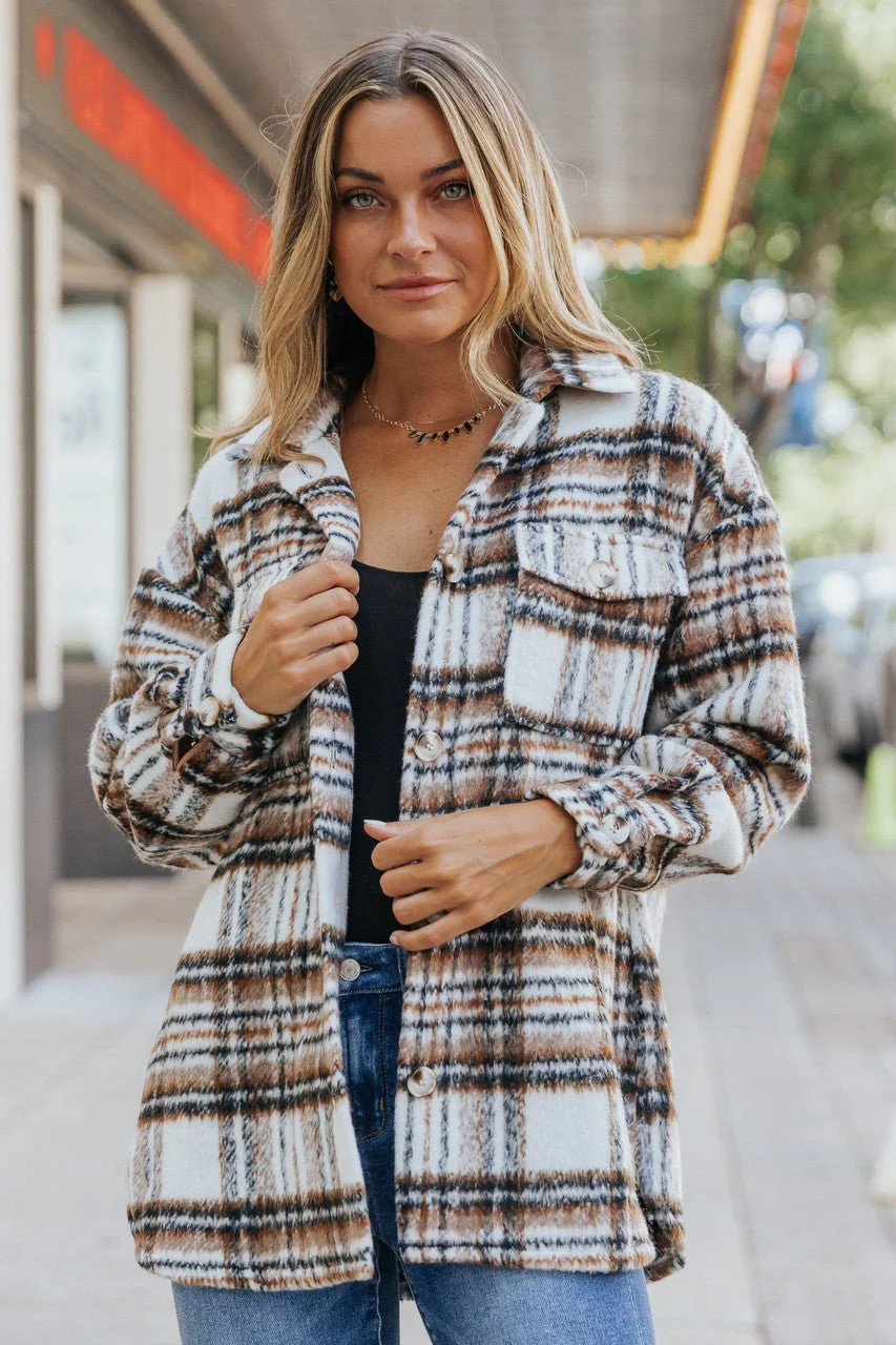 Oakley Camel Plaid Button-Down Shacket | Magnolia Boutique