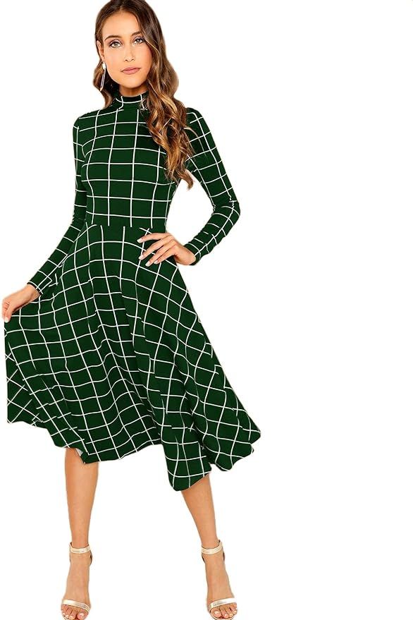 Floerns Women's Fit and Flare Plaid High Neck Long Sleeve Midi Dress Green XS at Amazon Women’s... | Amazon (US)