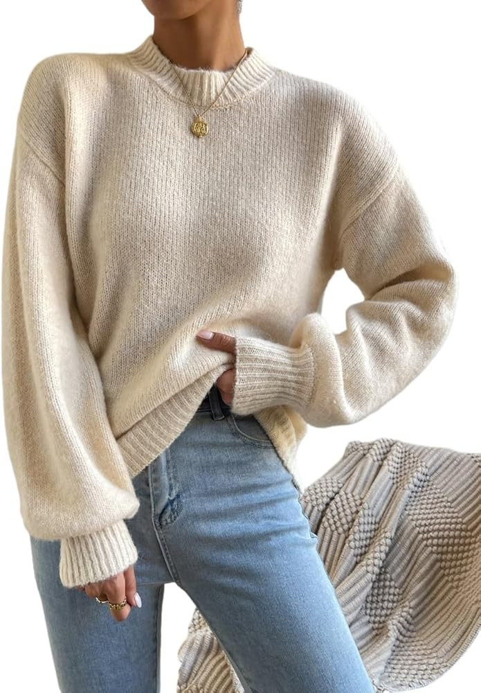 Pullover Sweaters for Women Long Sleeve Mock Neck Drop Shoulder Sweater Fit Jumper | Amazon (US)