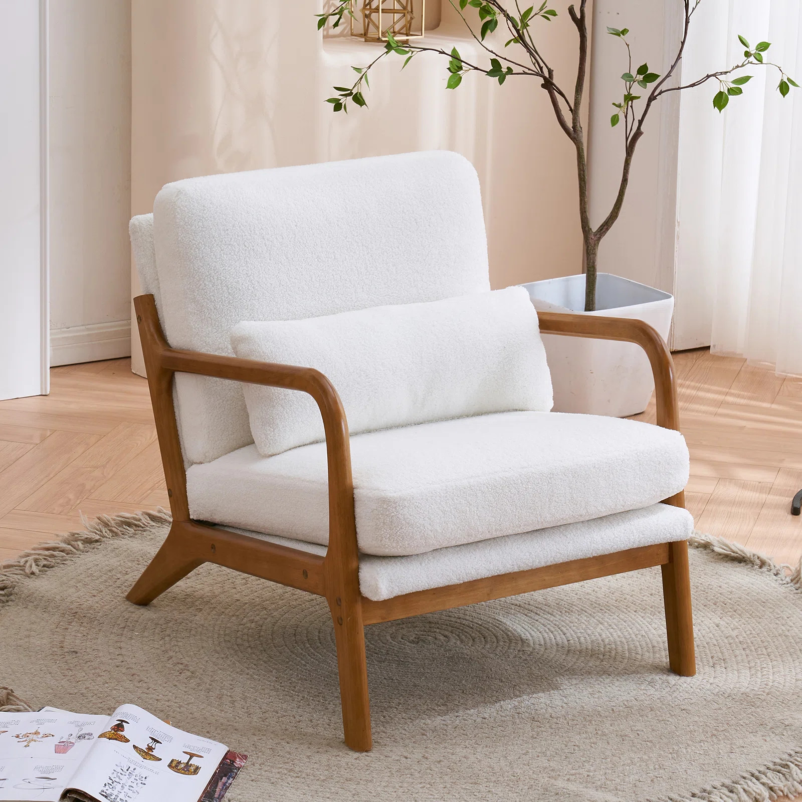 George Oliver Mid Century Solid Wood Accent Chair Upholstered Armchair with an Extra Pillow | Wayfair North America