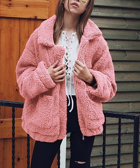 Oubike Women's Non-Denim Casual Jackets Pink - Pink Faux-Fur Pocket Coat - Women | Zulily