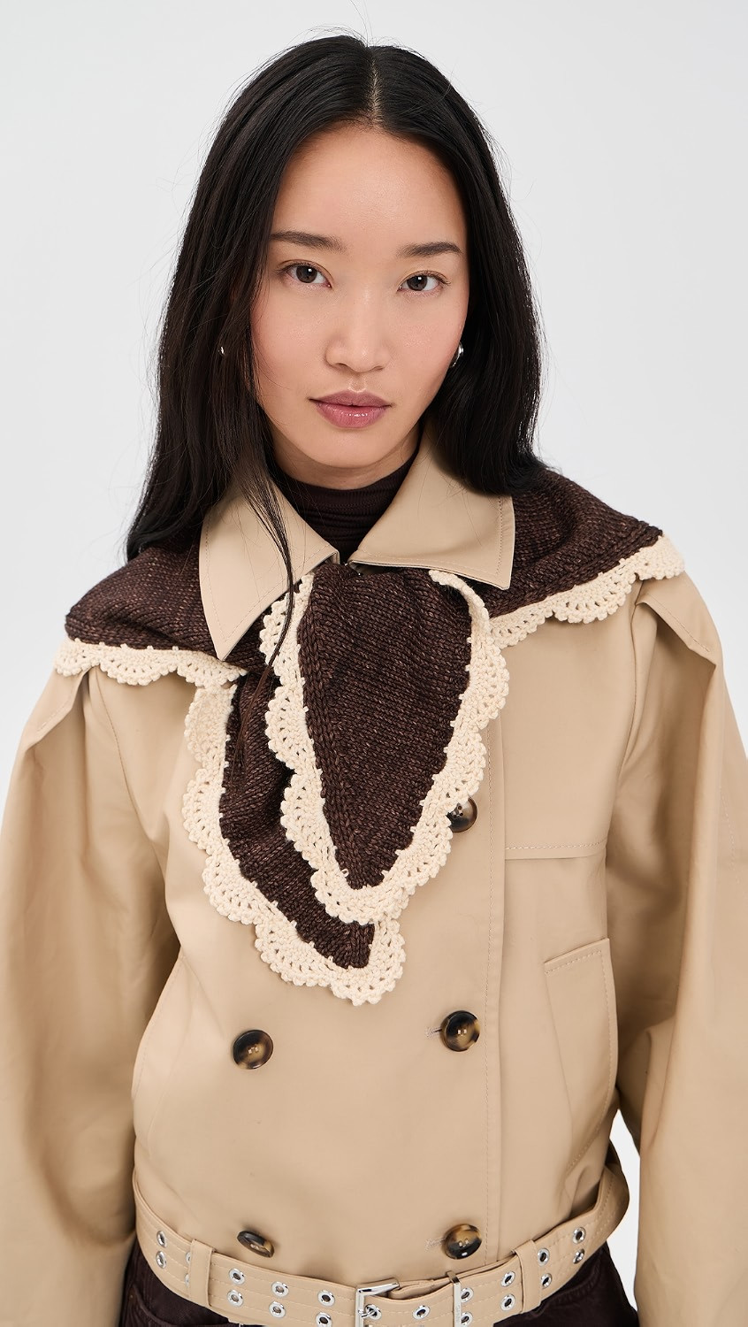 Loeffler Randall Monty Merino Wool Triangle Scarf Brown Knit w/ Cream Scallop Edges One Size | Shopbop