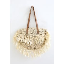 Fringed Woven Straw Shoulder Bag in Cream | Chicwish