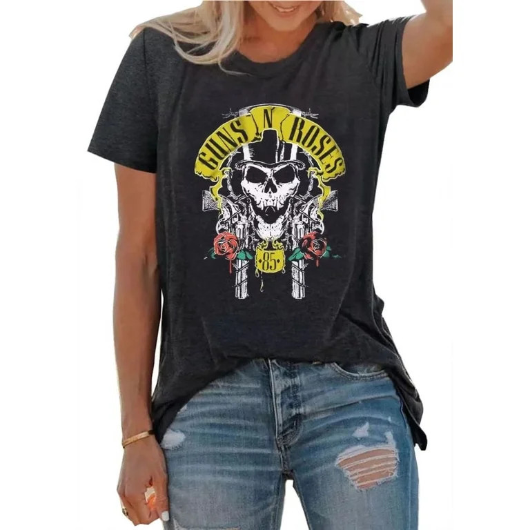 Guns N' Roses Skull Shirts for Women Vintage Rock Music T-Shirt Tops Funny Skeletons Graphic Shor... | Walmart (US)