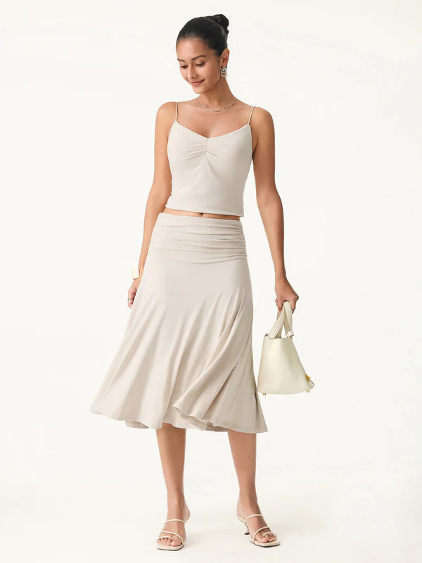Flowy Side Ruched A-line Midi Skirt | OGLmove