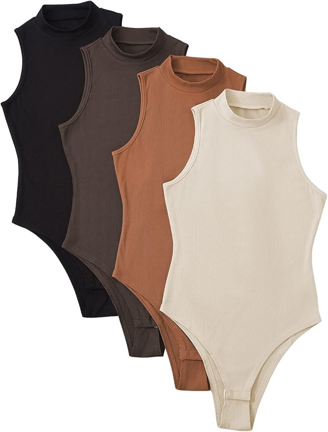 MakeMeChic Women's Plus Size 4pcs Mock Neck Sleeveless Ribbed Knit Bodysuit Pack | Amazon (US)