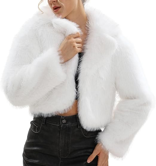 Amazhiyu Women's Faux Fur Crop Lapel Jackets Open Front Long Sleeve Coat Pockets | Amazon (US)