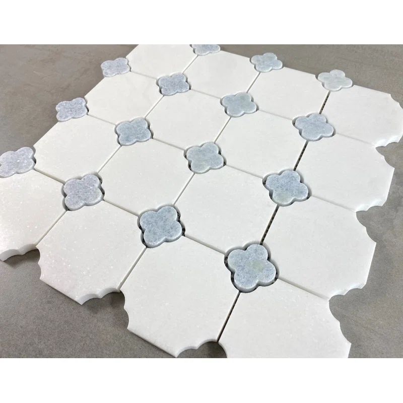 Thassos White Marble Octagon and Blue Celeste Clover Moasic Wall and Floor Tile | Wayfair North America