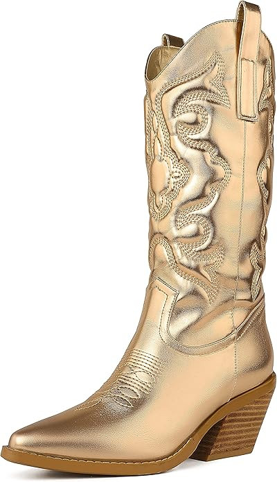 SO SIMPOK Cowboy Boots for Women Embroidered Stitching Chunky Stacked Heel Cowgirl Boots Snip Toe... | Amazon (US)