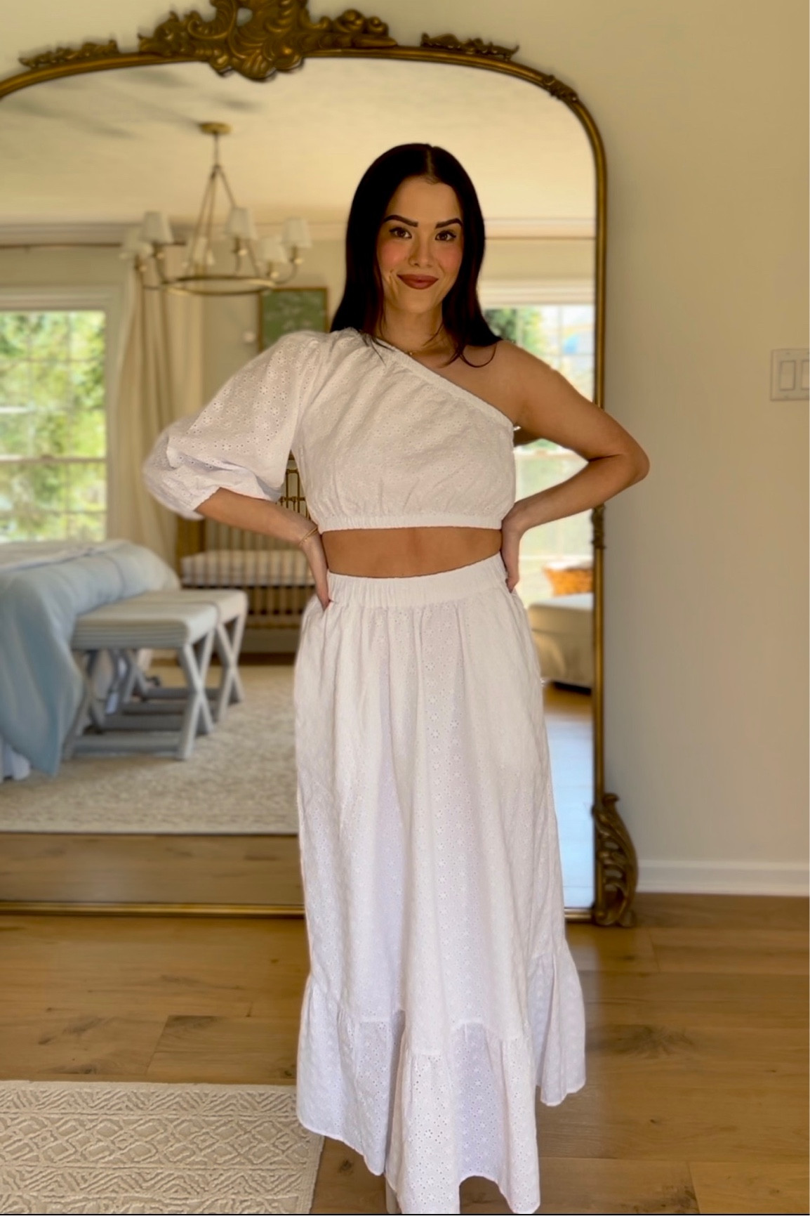 Amazon white eyelet skirt and eyelet one shoulder crop top. Size small in both! 

#LTKunder100 #LTKSeasonal