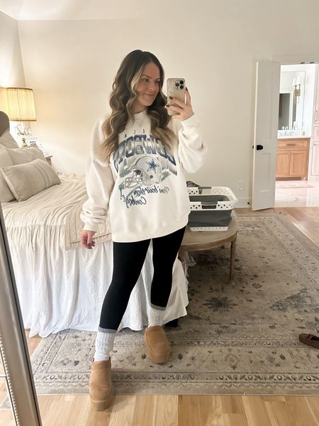 Go cowboys! Stole my husband’s  sweatshirt (XL). Wearing my go-to leggings that I prefer over lulus (I wear a medium) and my platform lined mules (TTS) 

#LTKfindsunder100 #LTKSeasonal #LTKmidsize