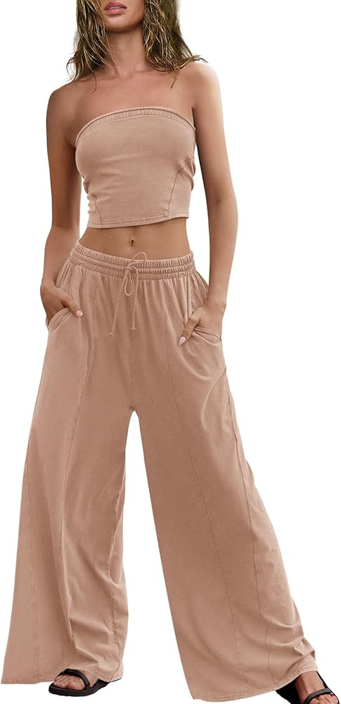 Yanekop Womens 2 Piece Lounge Set Tube Top and Pants Set Travel Sexy Two Piece Outfits Summer Bea... | Amazon (US)