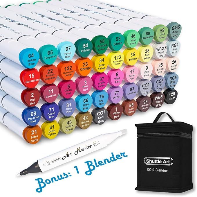 Shuttle Art 51 Colors Dual Tip Alcohol Based Art Markers, 50 Colors plus 1 Blender Permanent Mark... | Amazon (US)