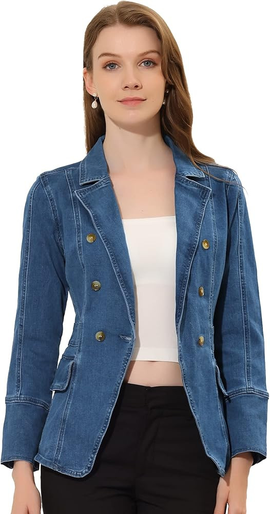 Allegra K Jean Blazer for Women's Lapel Notch Collar Long Sleeve Denim Jacket | Amazon (US)