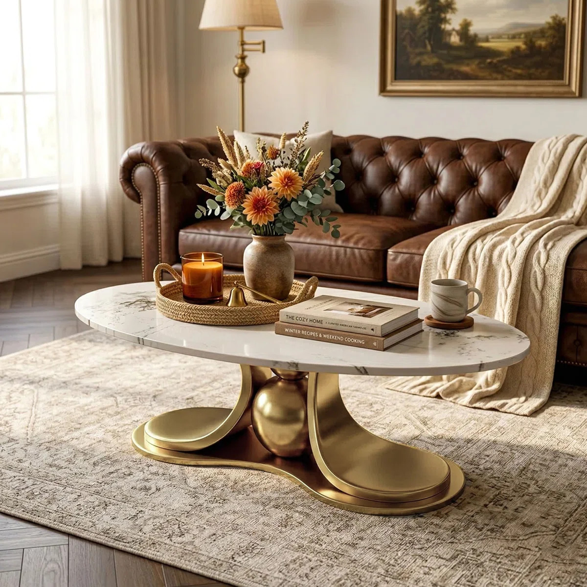 Oversized 51.18" Modern Light Luxury Oval Coffee Table, Marble Top with Gold Sculptural Streamline Base, Sturdy & Safe for Living Room | Wayfair North America