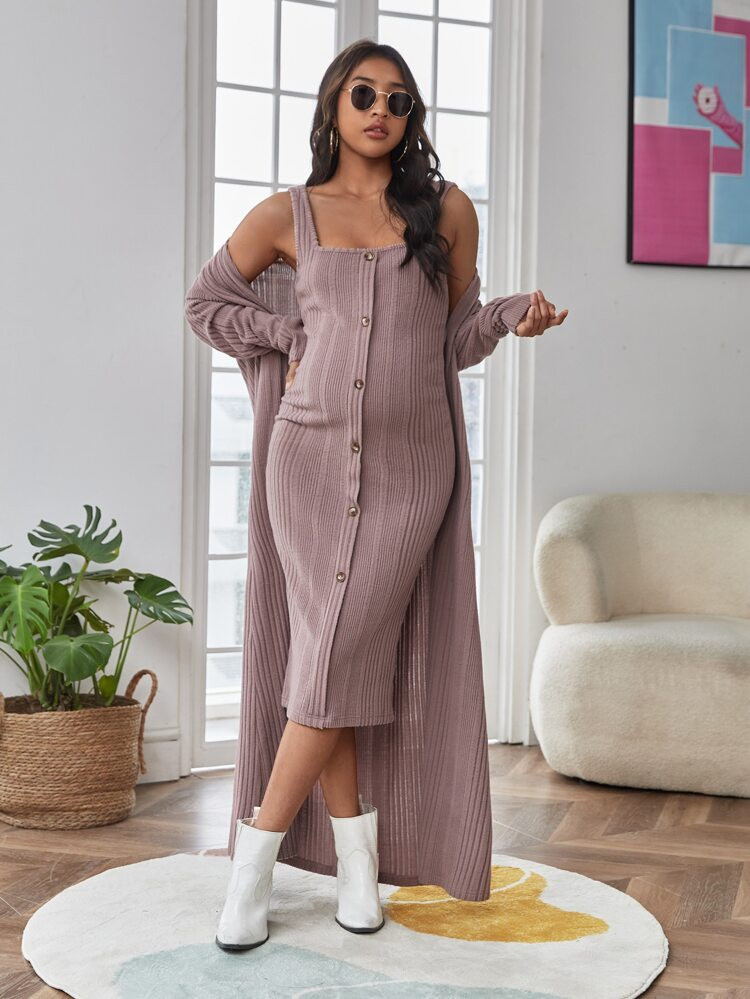 SHEIN Maternity Button Front Bodycon Dress & Drop Shoulder Open Front Coat | SHEIN