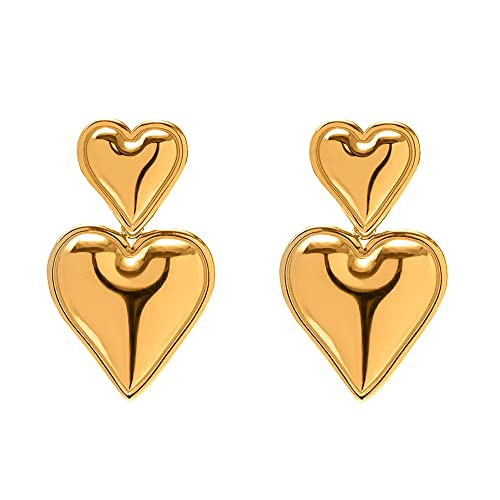 Heart Drop Earrings Double Heart Statement Dangle Earrings for Women Gold Silver | Amazon (US)