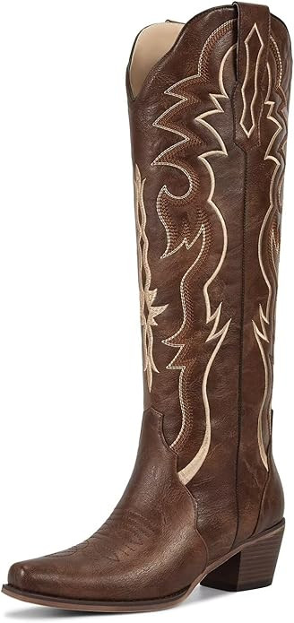 wetkiss Cowboy Boots for Women Knee High Cowgirl Tall Boots with Classic Retro Embroidered Chunky... | Amazon (US)