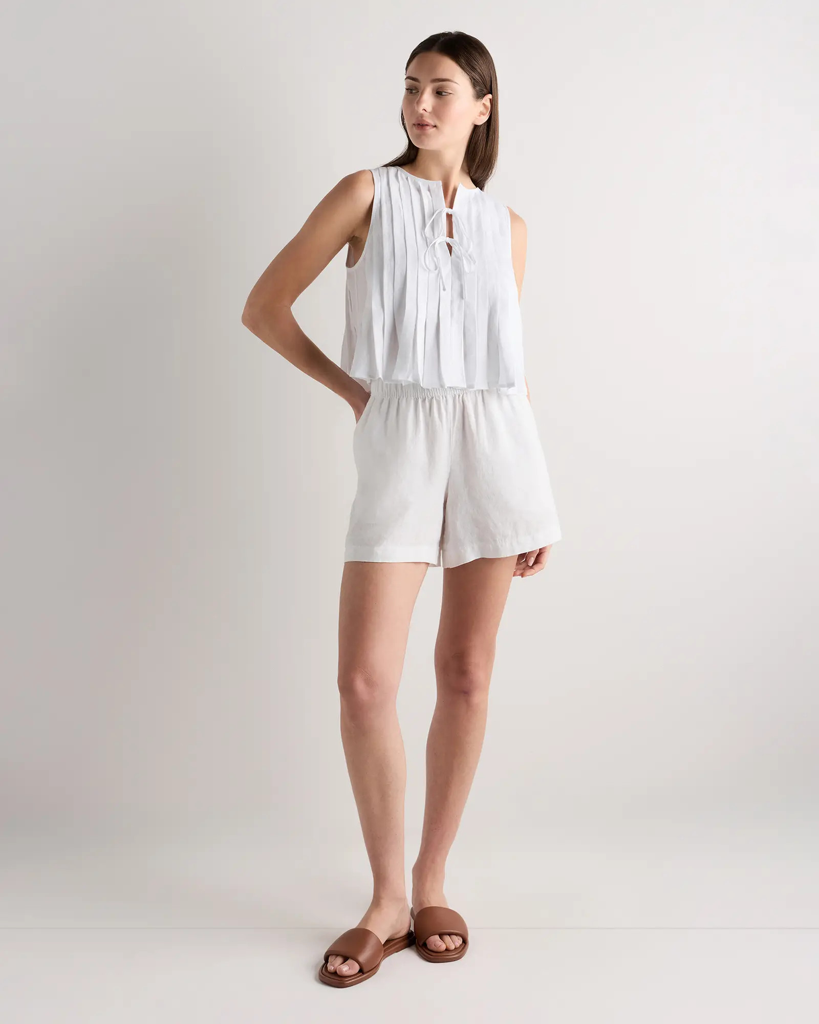 100% European Linen Pleated Tank in White | Quince