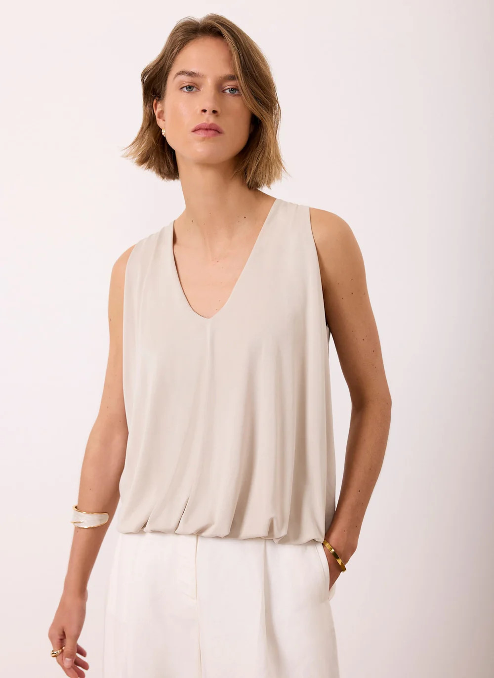 Khaki V Neck Bubble Hem Top | Mint Velvet - US