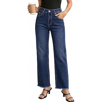 GRAPENT Straight Leg Jeans for Women High Waisted Stretchy Frayed Raw Hem Loose Denim Pants Casua... | Amazon (US)