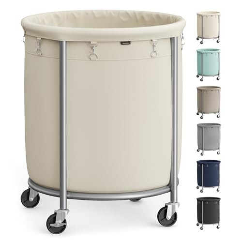 SONGMICS 50.2-Gallon (190 L) Laundry Basket with Wheels, Rolling Round Heavy-Duty Laundry Hamper Cart with Steel Frame and Removable Bag, 2 Locking Wheels, Cream White and Metallic Silver URLS01MZ | Amazon (US)