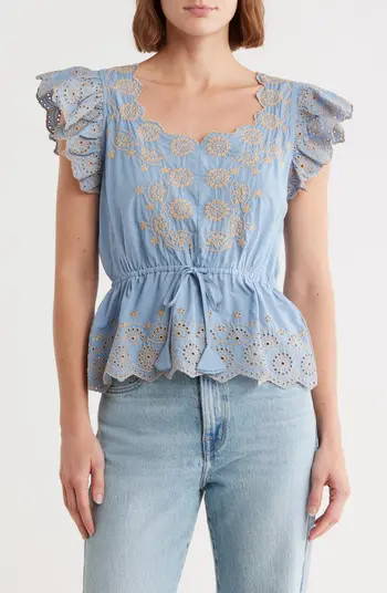 Embroidered Peplum Ruffle Sleeve Top | Nordstrom Rack