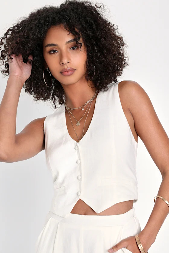 Sophisticated Beauty Ivory Linen Button-Front Cropped Vest Top | Lulus