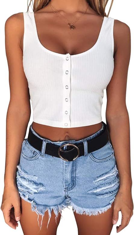 Women's Casual Sleeveless Button-Down Shirts Basic Camisole Crop Tank Tops | Amazon (US)