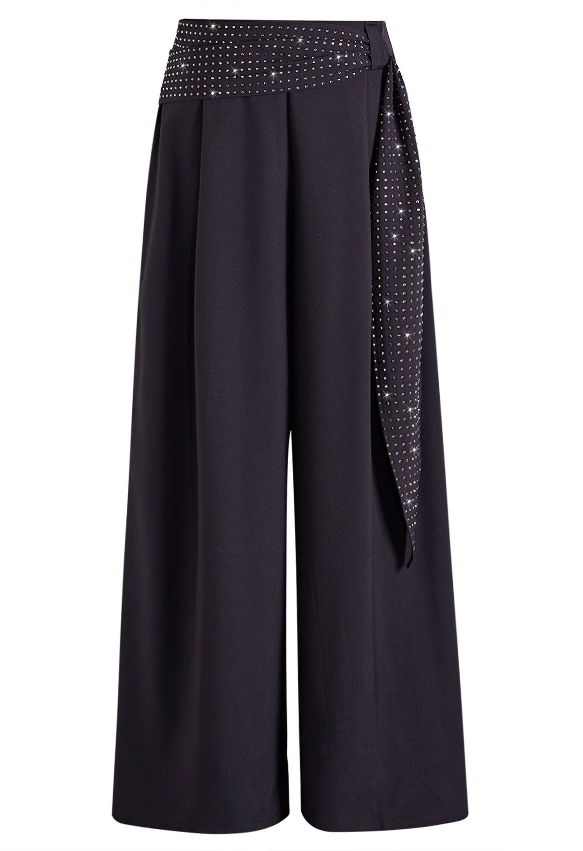 Rhinestoned Sash Front Pleat Palazzo Pants in Black for Parties & Special Dinners | Chicwish