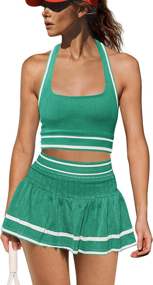 Yanekop Womens Tennis Skirt Set 2 Piece Workout Sets Golf Outfits Athletic Sets Cropped Tank Top ... | Amazon (US)