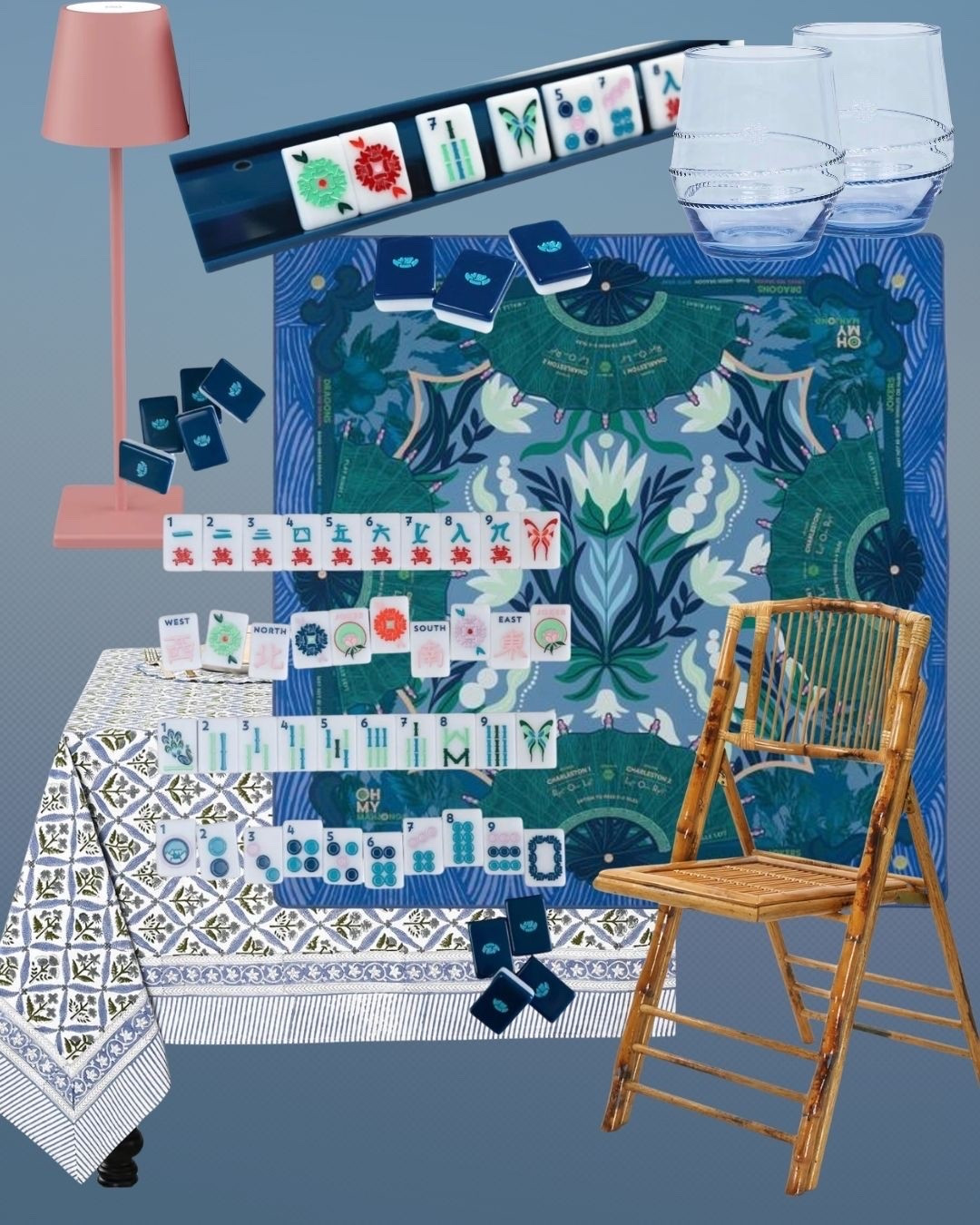 A little mahjong mood board moment 💙🩵🌴 If I were building the ultimate game night setup, this would be it…statement mat, pretty racks, chic lighting, fun glassware, and all the little details that make gathering around the table feel extra special. Linking everything that caught my eye! ✨🎲 

Bonus - these tiles are in stock and so gorgeous! I own the green and they make best click clack 😍 iykyk

#LTKHome #LTKmomlife #LTKOver40