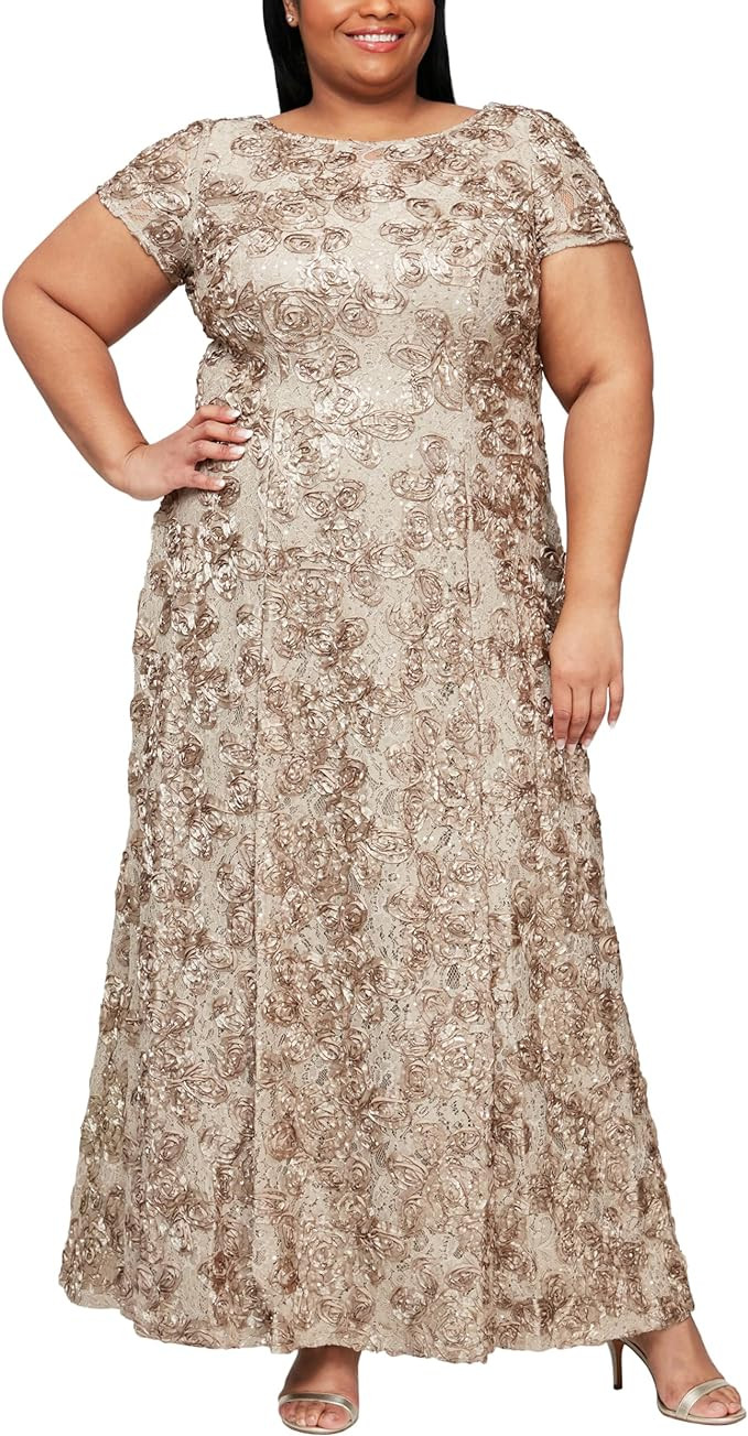 Alex Evenings Women's Long Rosette Lace Cap Sleeve Gown | Amazon (US)
