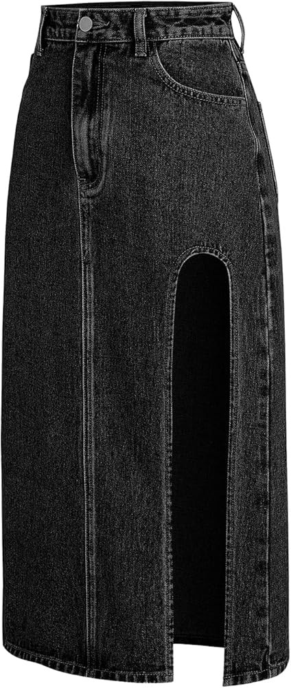 MEROKEETY Women's Denim Skirt Side Split Thigh High Waist A Line Casual Midi Jean Skirt with Pock... | Amazon (US)