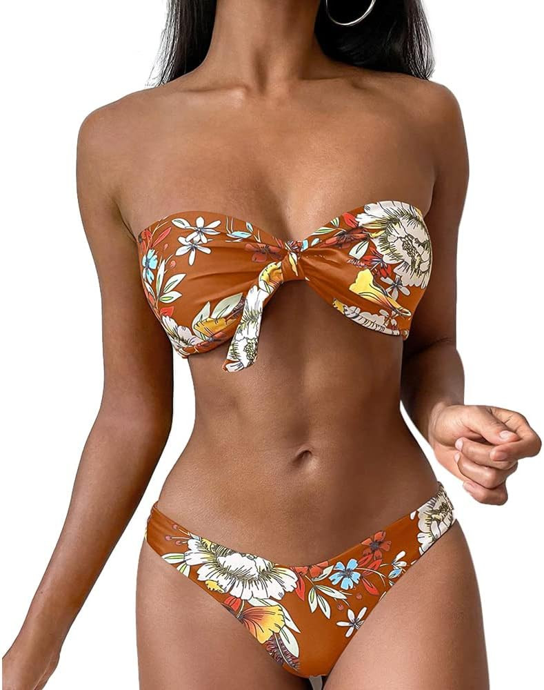 ZAFUL Women's Floral Print Bandeau Bikini Set High Cut Strapless Knot Front Swimsuit Sexy Bathing... | Amazon (US)