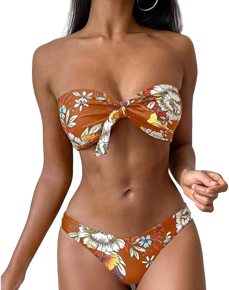 ZAFUL Women's Floral Print Bandeau Bikini Set High Cut Strapless Knot Front Swimsuit Sexy Bathing Su | Amazon (US)