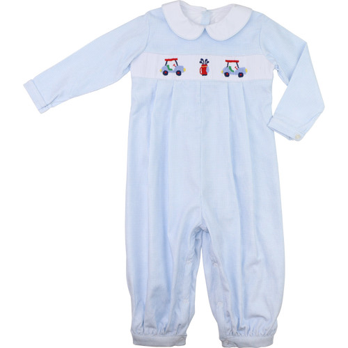 Blue Gingham Knit Smocked Golf Long Romper | Cecil and Lou