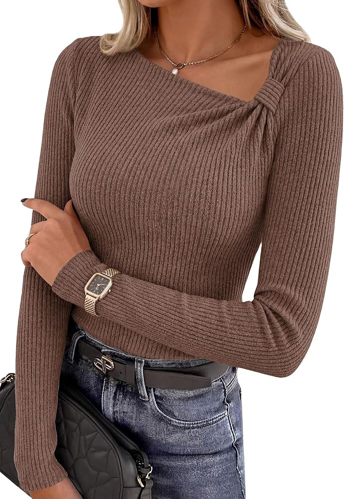 PRETTYGARDEN Womens 2026 Early Fall Fashion Long Sleeve T Shirts Asymmetrical Ribbed Fitted Trend... | Amazon (US)