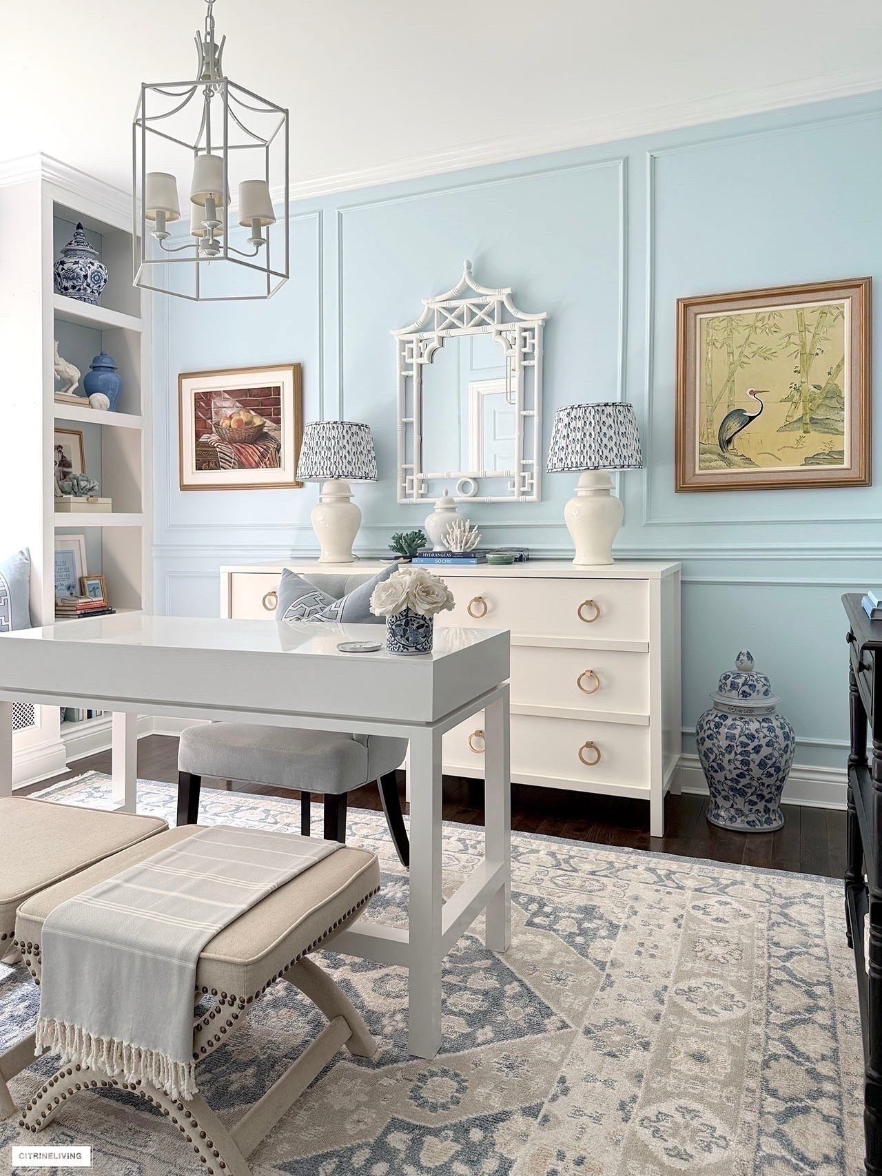 Chic layered home office! A beautiful rug, colorful art, pops of pattern💙  

Home office, home decor, home finds, chic decor

#LTKSeasonal #LTKHome