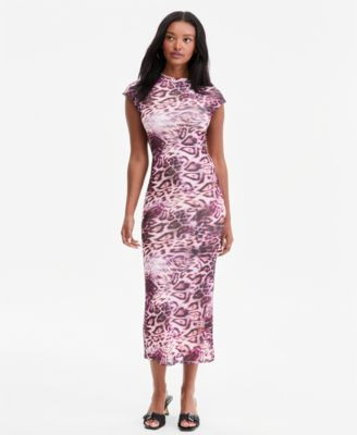 Bar Iii Women's Mock Neck Short-Sleeve Print Bodycon Midi Dress, Macy's Exclusive - Leopard Swirl | Macy's