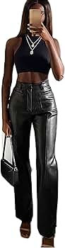 Shuyun Women Faux Leather Pants Solid Color High Waist Straight Wide Leg Leggings Slim Fit Trouse... | Amazon (US)