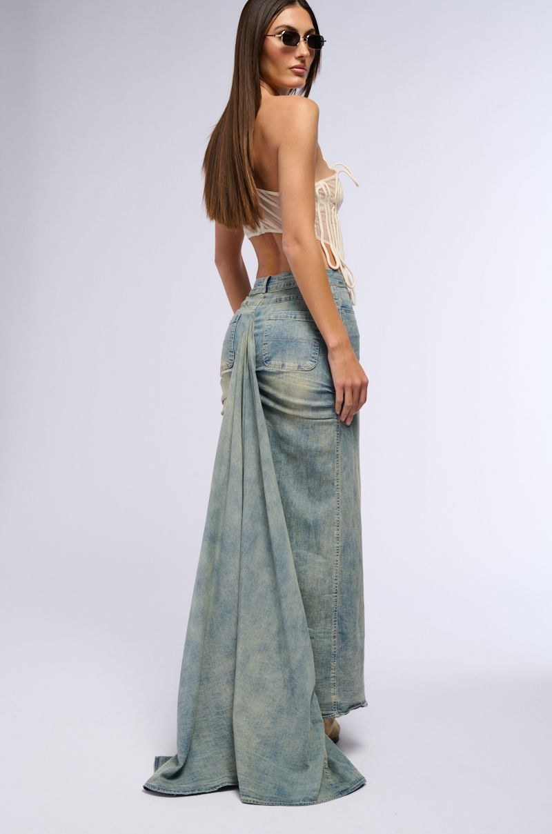 OH THE DRAMA DENIM MAXI SKIRT WITH TRAIN in medium blue denim | AKIRA
