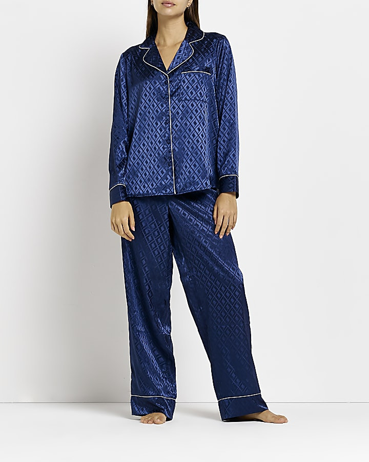 Blue satin jacquard pyjama top | River Island (UK & IE)