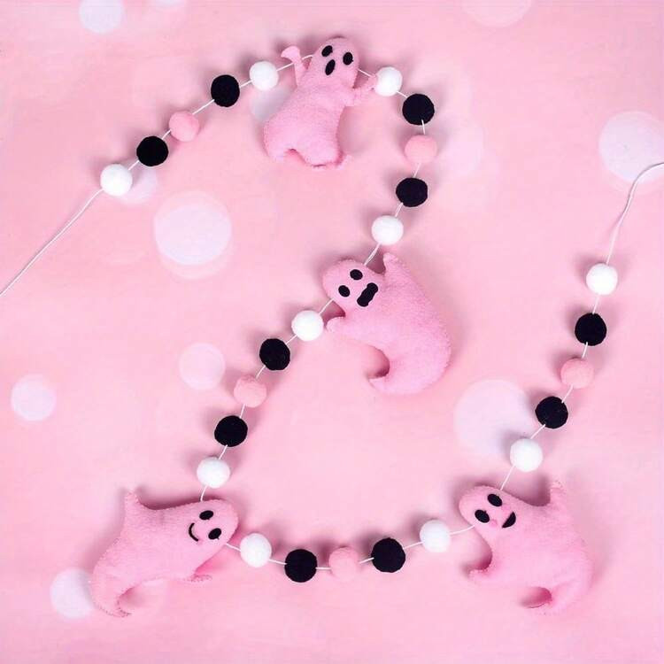 1pc, Party Wreath, Halloween Felt Banner Cute Pink Ghost Hanging Garland Black Pink White Pom Bal... | SHEIN