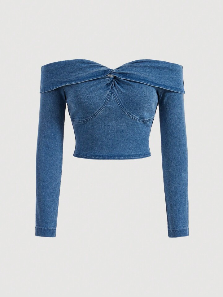 SHEIN MOD Women'S Casual Denim Cropped Off Shoulder Slim Fit Long Sleeve Top In Blue | SHEIN