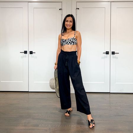 Love these wide leg gauze pants! So chic over a suit or paired with a fitted tee or tank! And this top with removable straps is so comfortable and flattering! Use my code: loubiesandlulu10 to save 10%. TTS, wearing xs. 

#LTKover40 #LTKswim #LTKfindsunder100